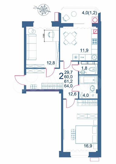 2-к. квартира, 64 м², 4/9 эт.