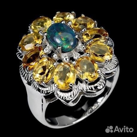 Серебряное кольцо с черным опалом и цитринами