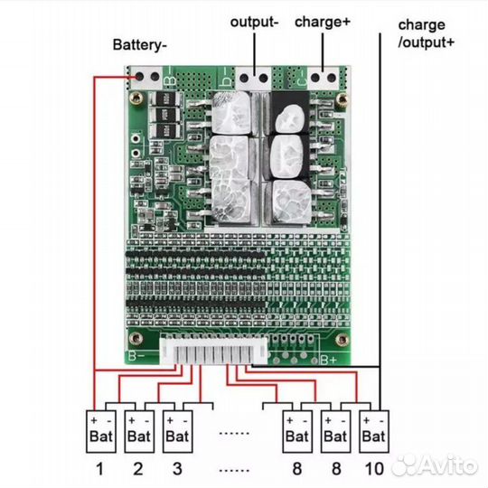 Плата bms 10s 35a 36v (42v) li-ion для аккумулятор