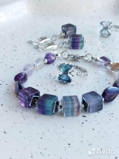 Браслет, серьги, кольца с флюоритом