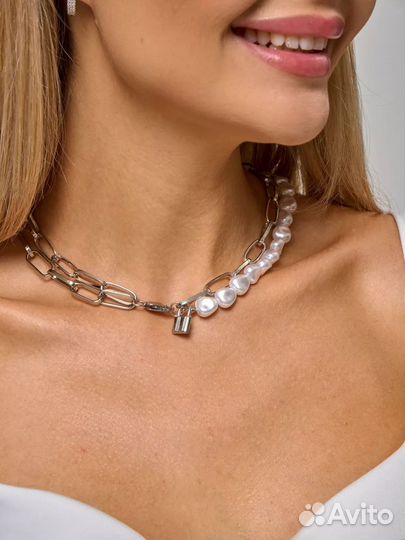 Колье жемчуг с цепочкой, новое