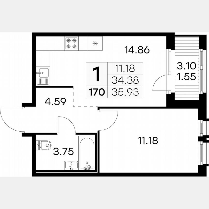 1-к. квартира, 35,9 м², 4/15 эт.