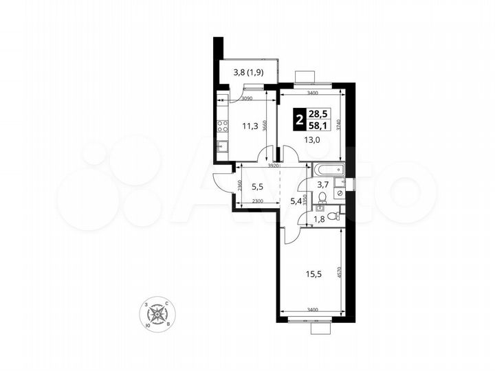 2-к. квартира, 58,1 м², 16/17 эт.