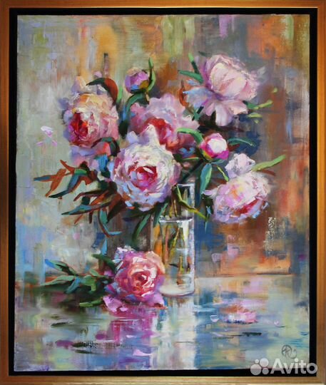 Картина маслом Пионы, букет в стеклянной вазе