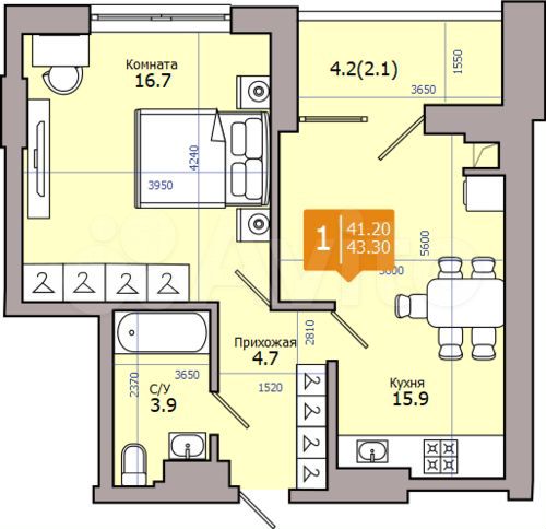 2-к. квартира, 43,3 м², 13/18 эт.