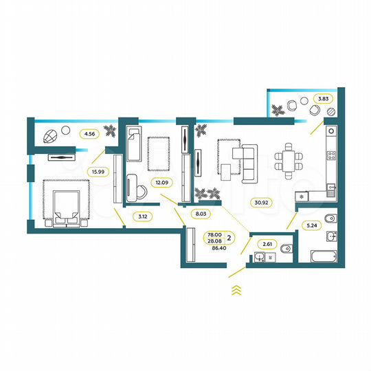 2-к. квартира, 86,4 м², 1/9 эт.
