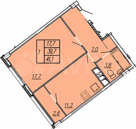 1-к. квартира, 41,1 м², 15/17 эт.
