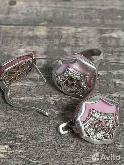 Серьги и кольцо серебро фианиты перламутр