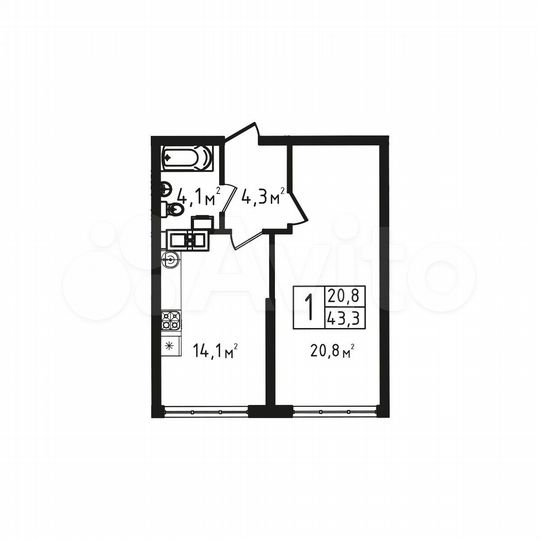 1-к. квартира, 43,3 м², 2/9 эт.