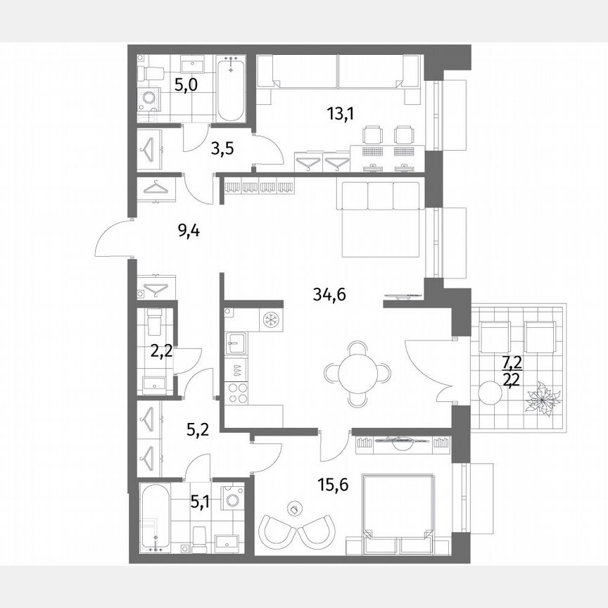 2-к. квартира, 95,9 м², 1/6 эт.