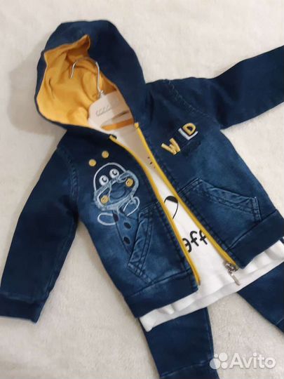 Костюм тройка на мальчика джинсовый 6-9 м