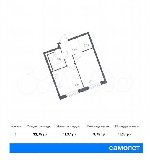 1-к. квартира, 32,8 м², 1/9 эт.