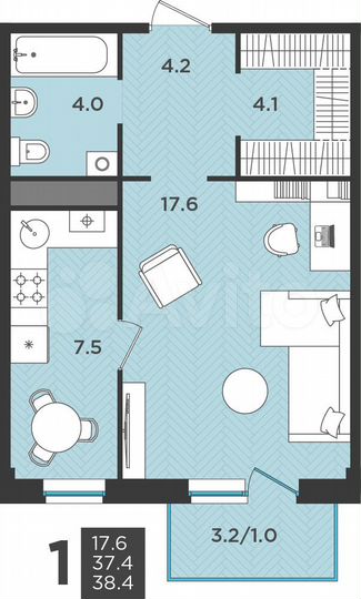 1-к. квартира, 38,4 м², 2/3 эт.