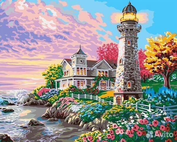 Алмазная мозаика 40x50 Домик у маяка с цветущим