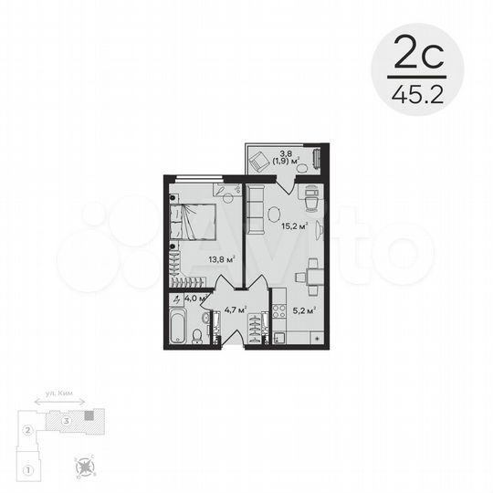 2-к. квартира, 45,2 м², 5/8 эт.