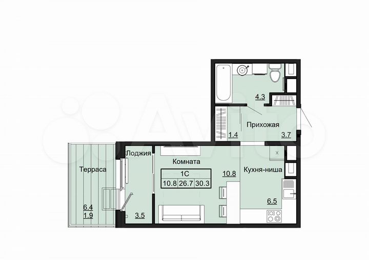 Квартира-студия, 30,3 м², 1/9 эт.