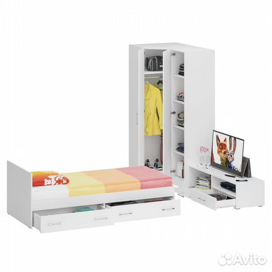 Мебель для спальни белая Стандарт № 4 Стандарт с кроватью 900 с ящиками, цвет белый, спальное место