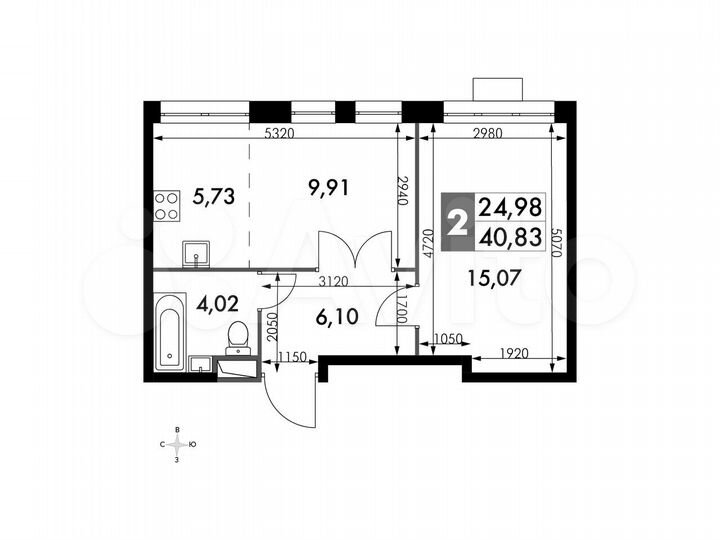 2-к. апартаменты, 40,8 м², 7/15 эт.