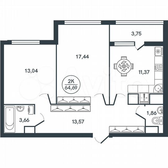 2-к. квартира, 64,7 м², 12/17 эт.