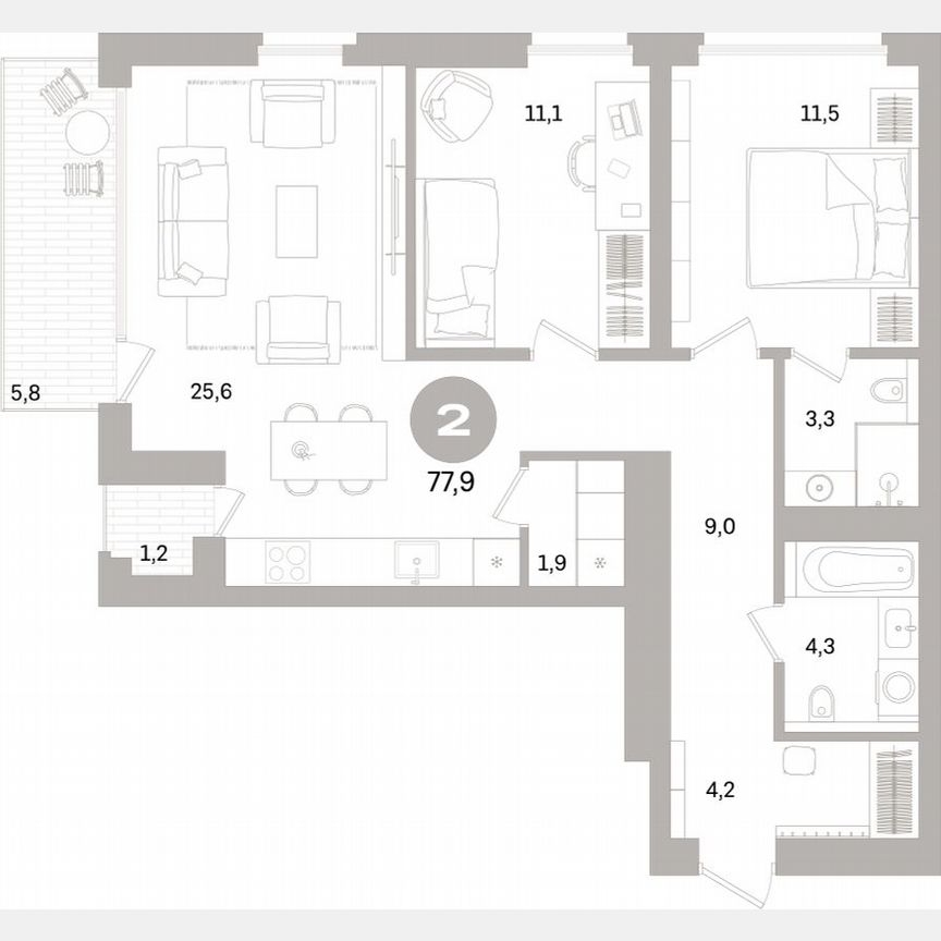 2-к. квартира, 77,5 м², 4/15 эт.
