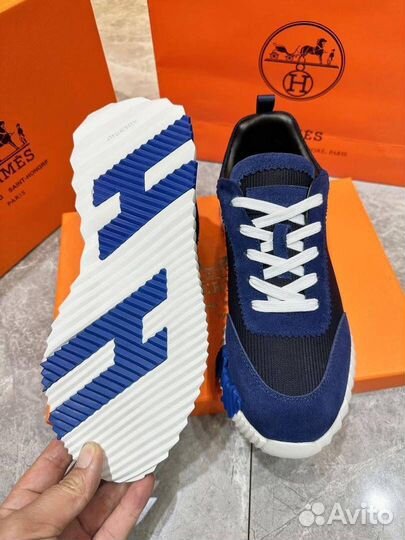 Мужские кроссовки Hermes текстиль замша синие