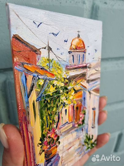Картина маслом пейзаж Греции Улочки дома 15х10 см