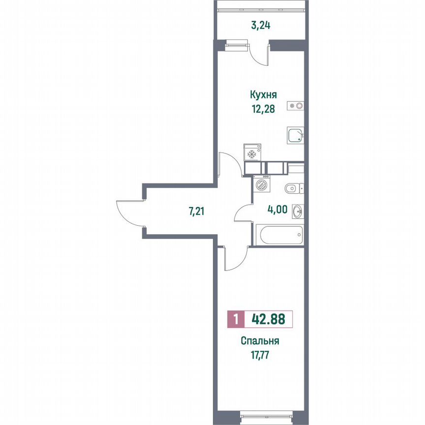 1-к. квартира, 42,9 м², 14/16 эт.