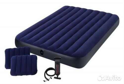 Матрас велюр синий intex (203*152*25)насос+подушки