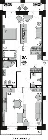 3-к. квартира, 97,7 м², 12/20 эт.