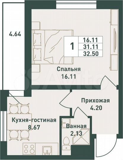 1-к. квартира, 32,5 м², 13/16 эт.