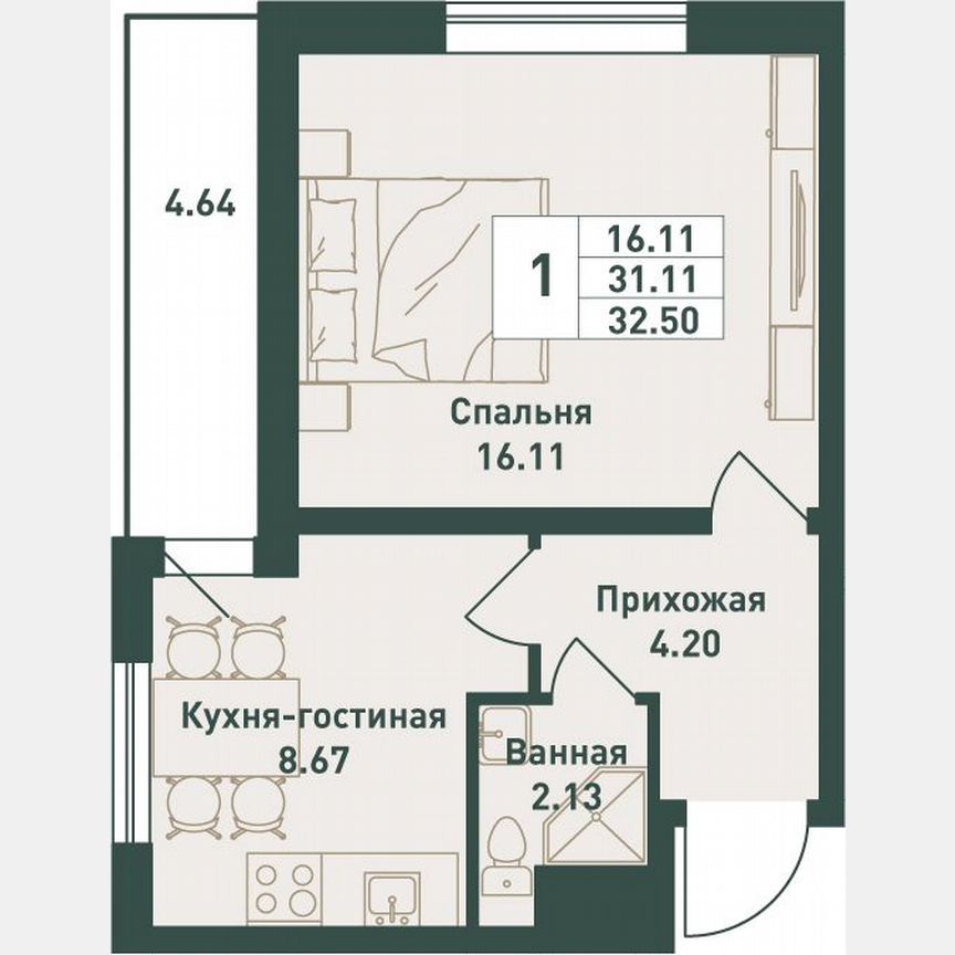 1-к. квартира, 32,5 м², 13/16 эт.
