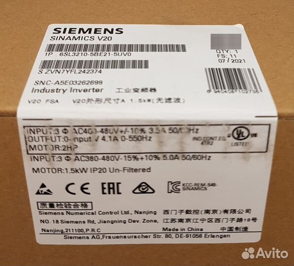 6SL3210-5BE21-5UV0 Преобразователь sinamics V20