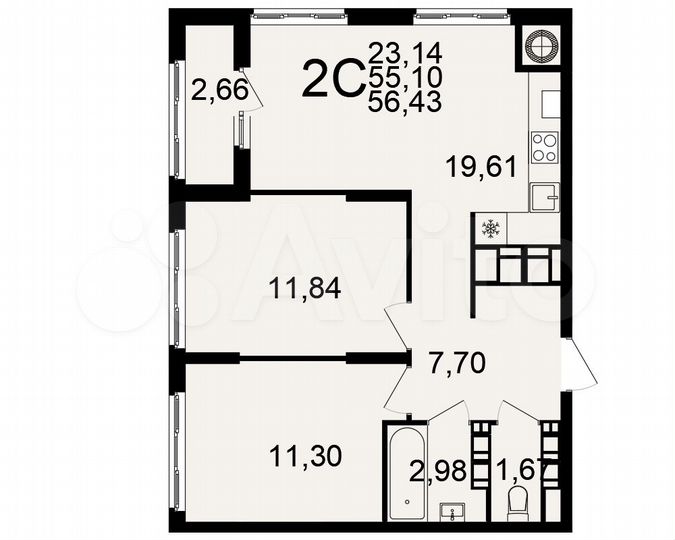 2-к. квартира, 56,4 м², 16/25 эт.
