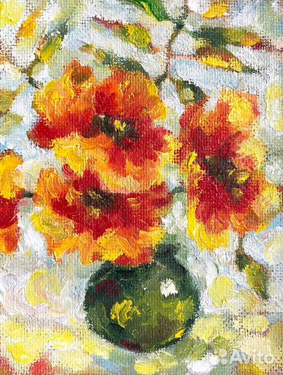 Картина маслом с цветами в вазе маки букет
