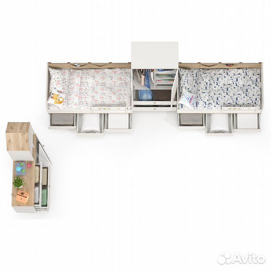 Мебель для детской комнаты с кроватями для двоих детей Эйп, цвет белый/дуб белый, два спальных места