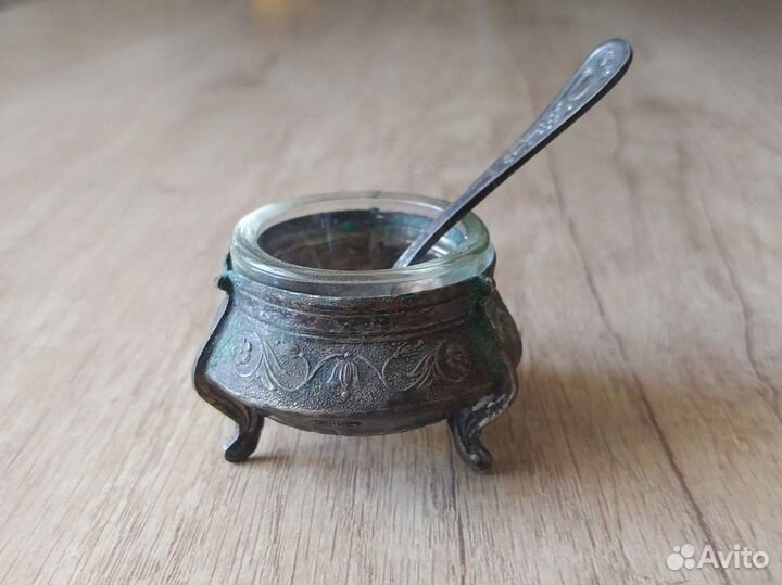 Солонка с ложечкой мельхиор стекло винтаж СССР