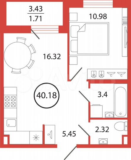 1-к. квартира, 40,2 м², 5/12 эт.