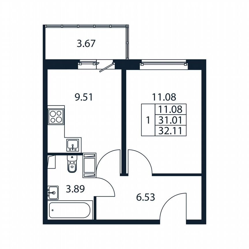 1-к. квартира, 32,1 м², 2/12 эт.