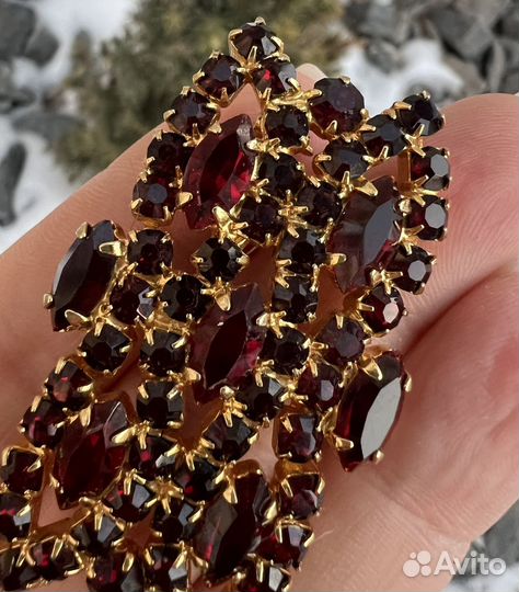 Брошь чехия винтаж гранатовое стекло