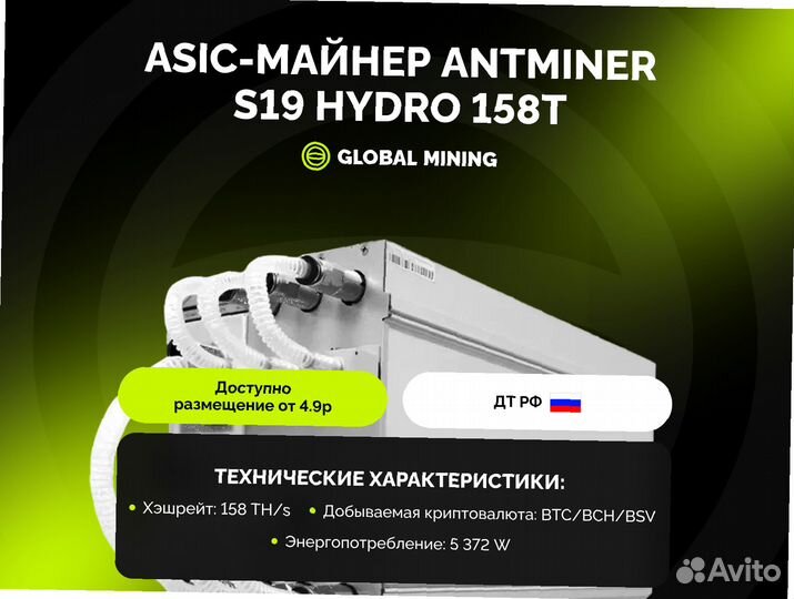 Bitmain Antminer S19 Hydro 158TH/s с гтд РФ