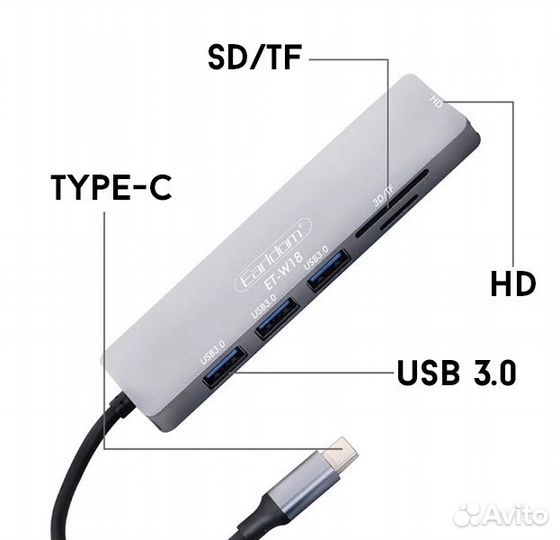 USB Type-C хаб 6в1 W18 USB 3.0 + SD TF Card + hdmi