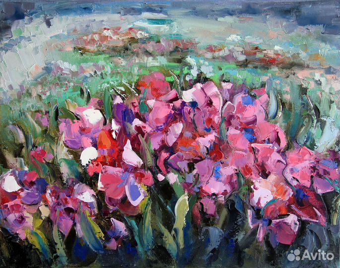 Картина с цветами Яркий летний пейзаж цветущий луг