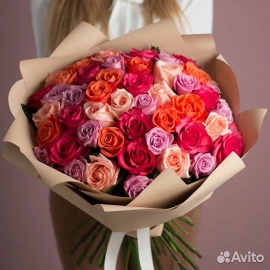 Букет разноцветных роз, Эквадор, 50см 27 шт