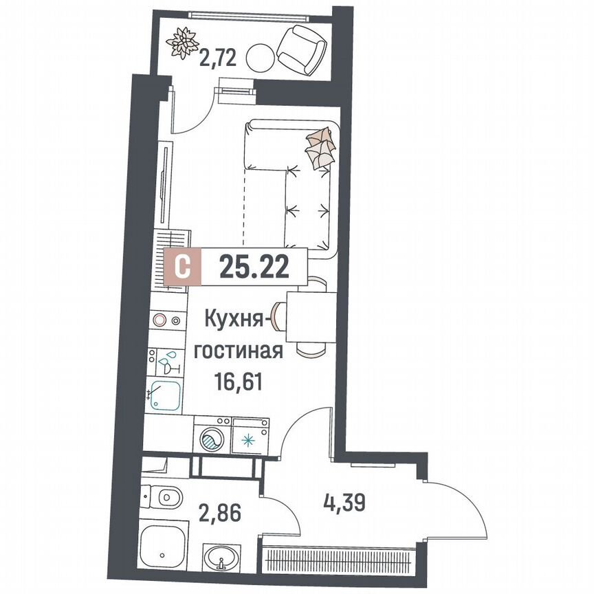 Квартира-студия, 25,2 м², 10/18 эт.