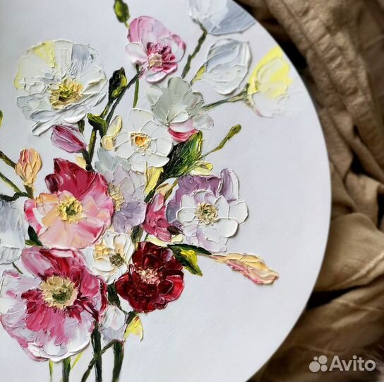 Картина маслом на деревянном холсте Цветы