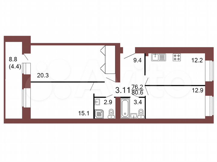 3-к. квартира, 80,6 м², 1/10 эт.