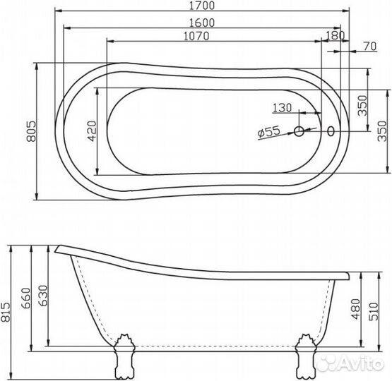 Ванна BelBagno BB04 фурнитура золото