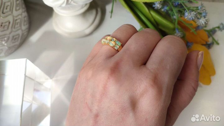 Кольцо с природными опалами, 17,5разм, 925/585