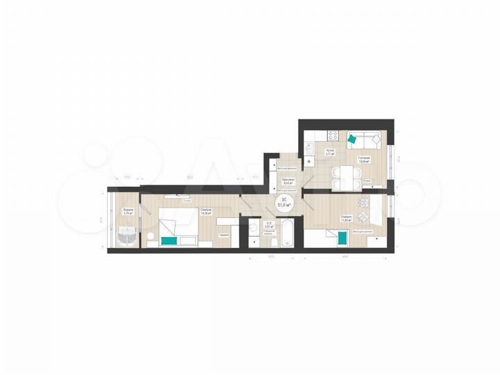 3-к. квартира, 51 м², 6/27 эт.