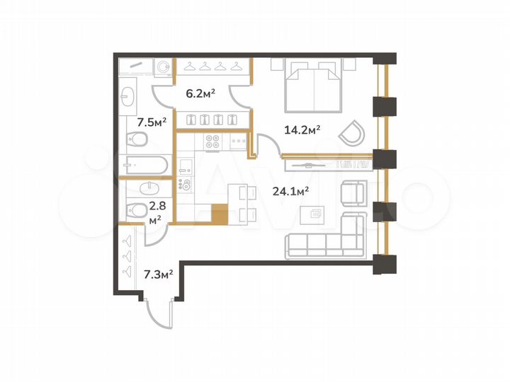 1-к. квартира, 62,1 м², 17/20 эт.